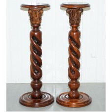 PAIR OF SOLID MAHOGANY TWISTED COLUMN CORINTHIAN PILLAR JARDINIERE PLANT STANDS   202402067170